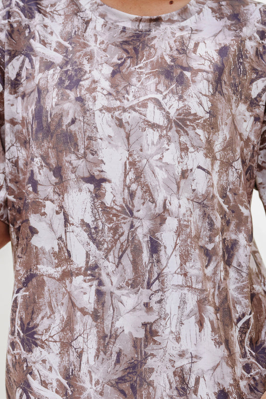 DLLS594 - Ladies Khaki Camouflage Woodland Print Drop Shoulder Tunic Tee