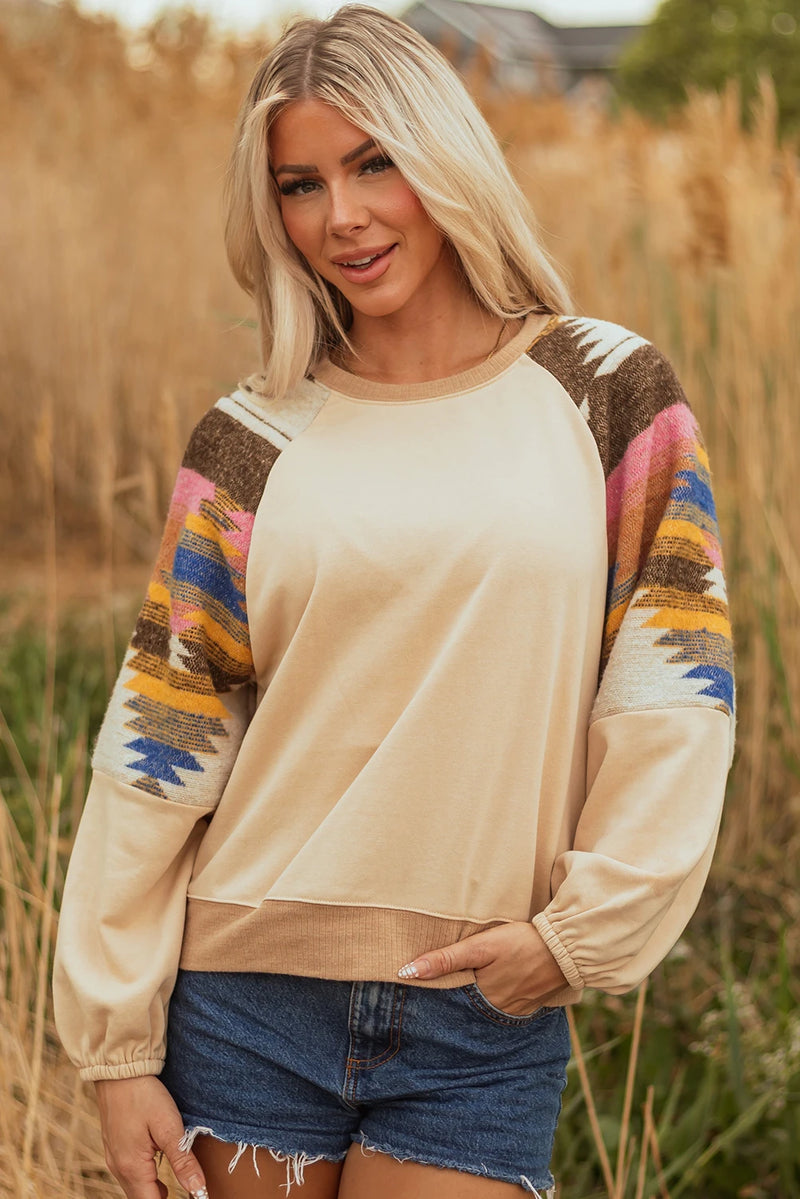 Load image into Gallery viewer, DLLS749 - Ladies Light French Beige Aztec Patchwork Raglan Pullover Sweatshirt
