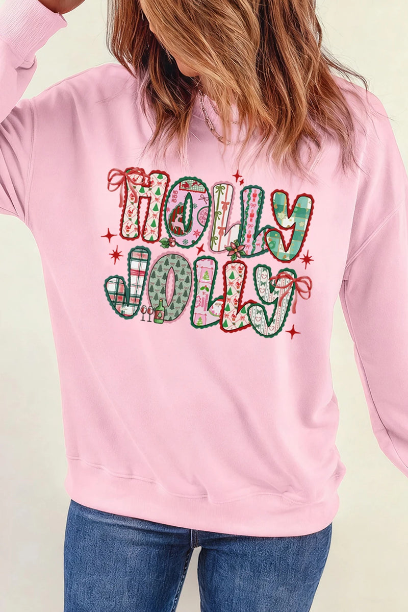 Load image into Gallery viewer, DLLS180 - Ladies Pink HOLLY JOLLY Cute Holiday Graphic Sweatshirt
