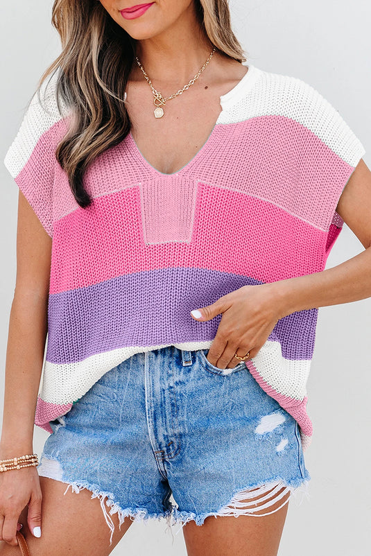 DLLS457 - Ladies Pink Color Block Notch V Neck Sweater T-Shirt