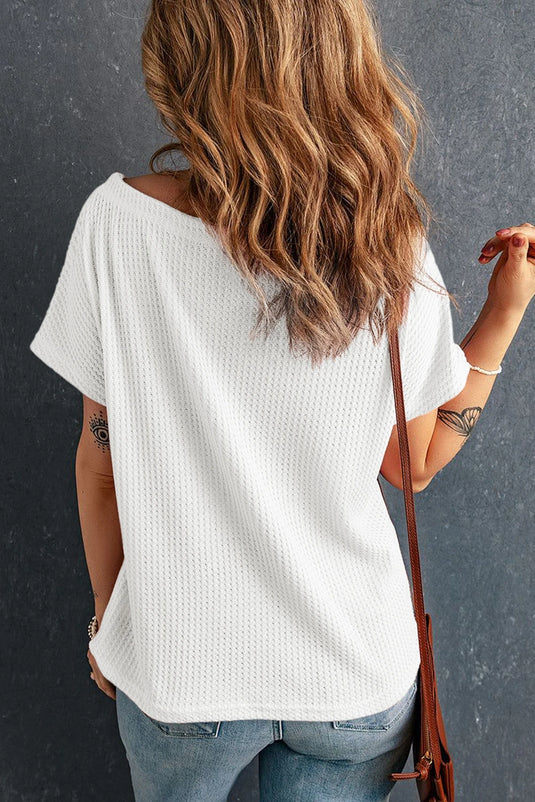 DLLS450 - Ladies White Waffle Knit Boat Neck Short Sleeve Top