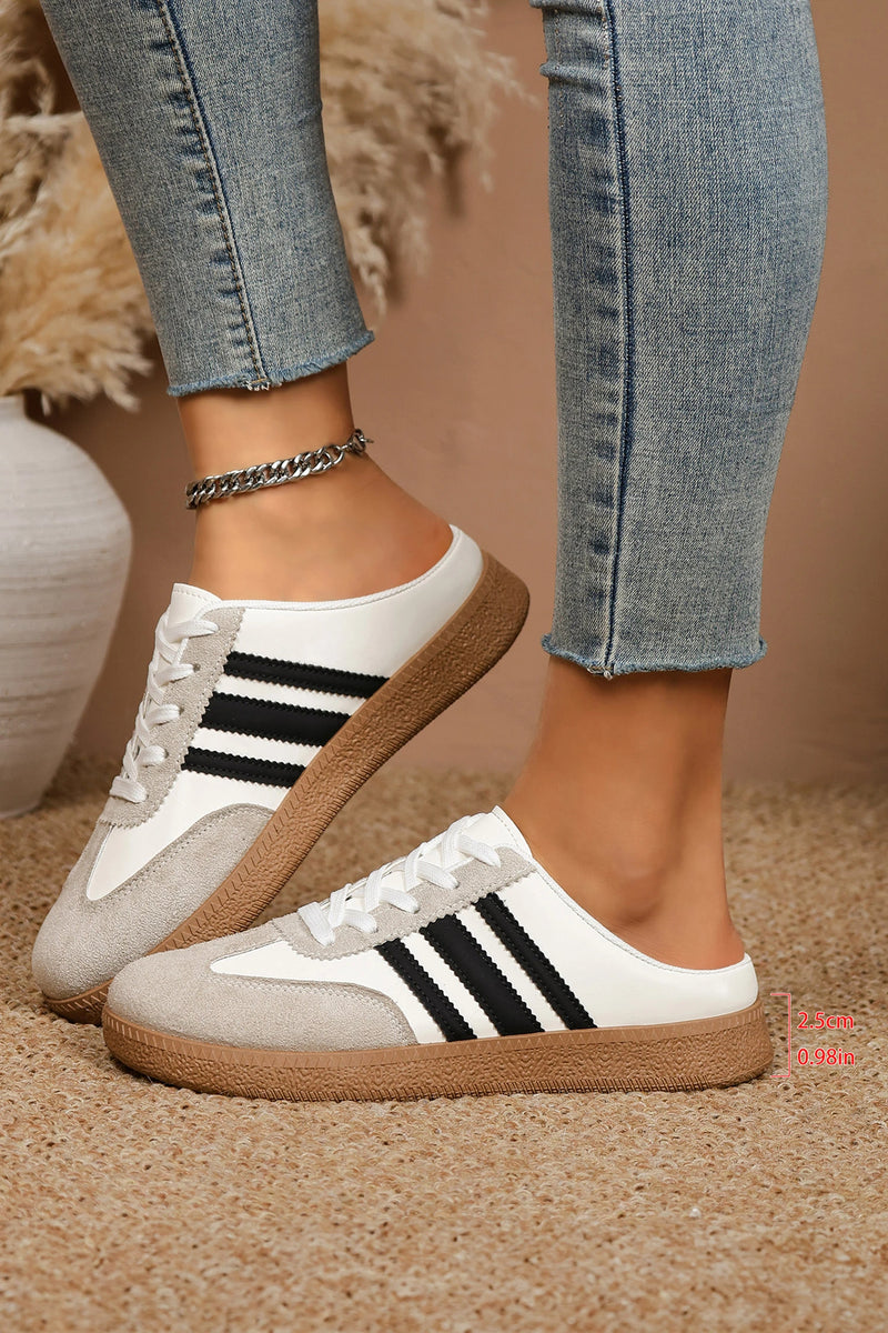 Load image into Gallery viewer, DLLSHOE 147 - White PU Leather Color Block Varsity Lace Up Flat Shoes
