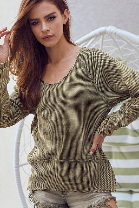 BIBI6- Ladies Washed Thermal Green Top