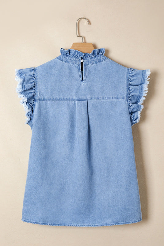 DLLS637 - Ladies Beau Blue Frilled Collar Flutter Sleeve Denim Top