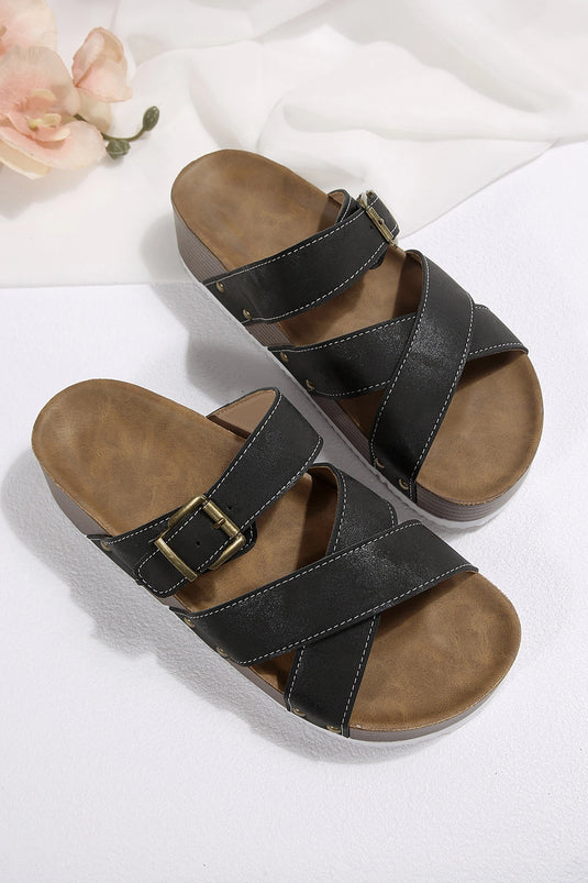 DLLSHOE 155 - Color Black Faux Suede PU Leather Strappy Cutout Retro Slippers