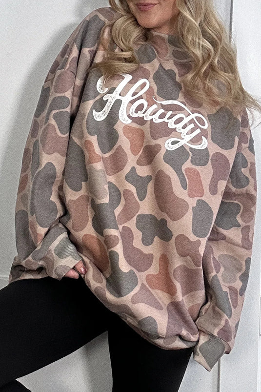 DLLS777 - Ladies Multicolour Camo Print Howdy Western Style Baggy Pullover Sweatshirt