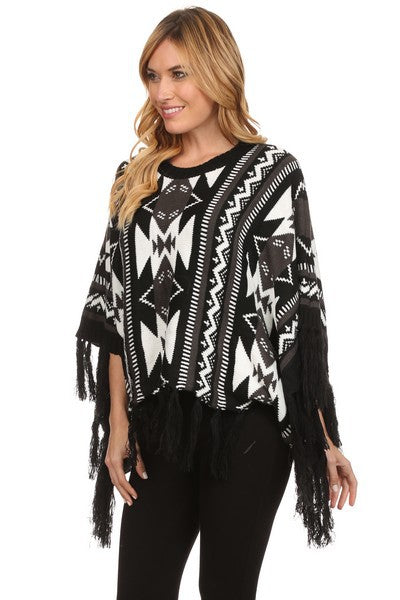 YELTSHT1 - Ladies Black Navajo Pattern Poncho