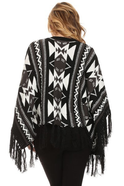 YELTSHT1 - Ladies Black Navajo Pattern Poncho