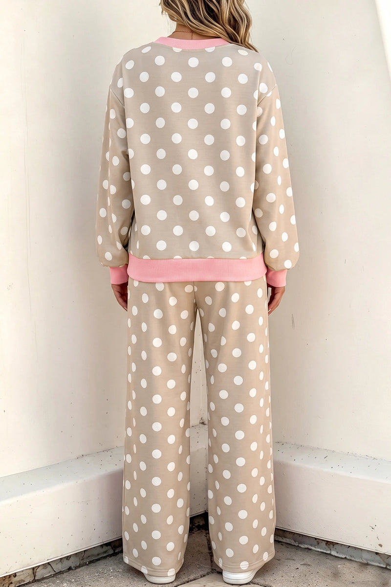 Load image into Gallery viewer, DLLS1137 - Ladies Khaki Polka Dot Long Sleeve Top Drawstring Shift Pants Set
