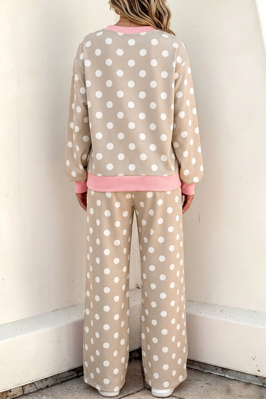 DLLS1137 - Ladies Khaki Polka Dot Long Sleeve Top Drawstring Shift Pants Set