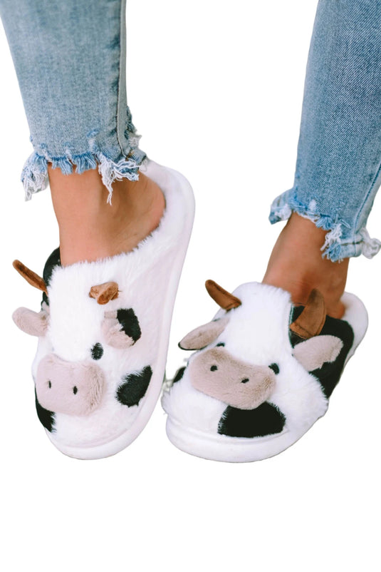 DLLSHOE 127 - White Cartoon Animal Cow Plush Slippers