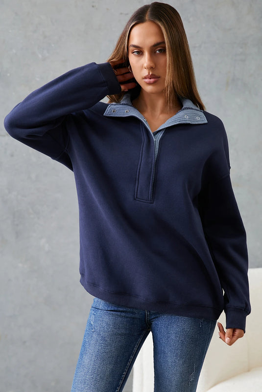 DLLS1120 - Ladies Blue Contrast Textured Placket Metal Button Pullover Sweatshirt