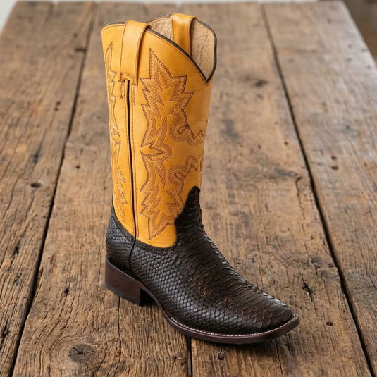 CP5007 - Cowboy Prayer Black Python Print W/Yellow Underlay Western Boot
