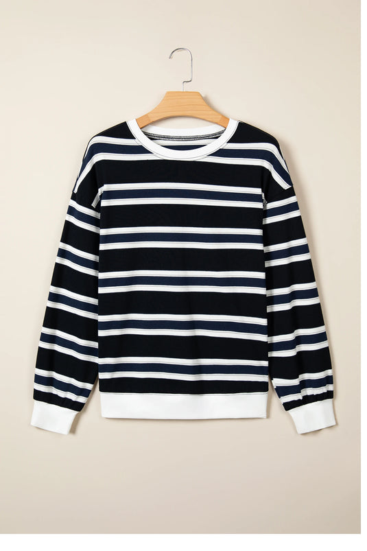 DLLS968 - Ladies Blue Stripe Ribbed Color Block Trim Round Neck Dropped Shoulder Sweatshirt