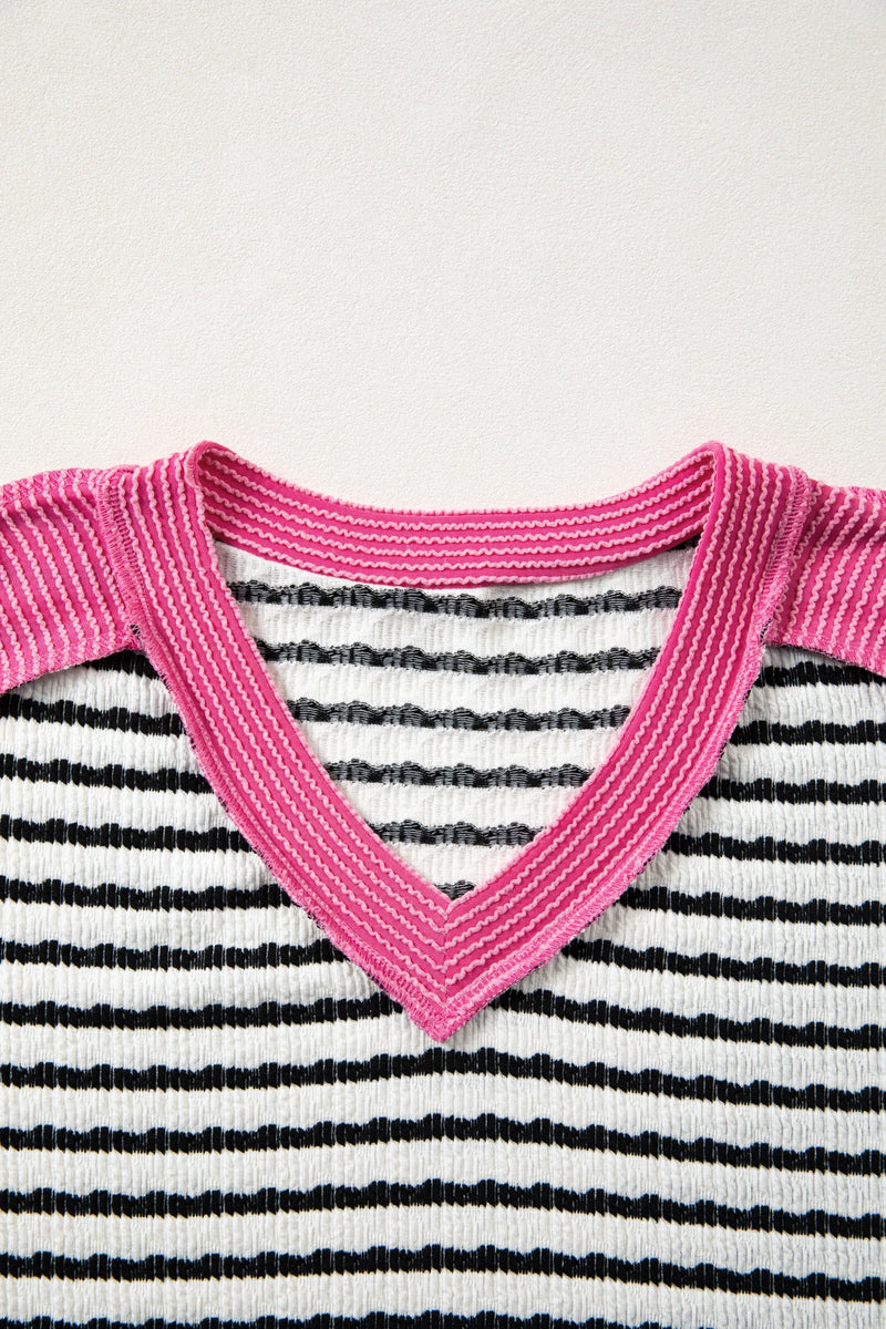 Load image into Gallery viewer, DLLS424 - Ladies Black Stripe Textured Knit Twisted Rib Contrast Patchwork V Neck Long Sleeve Top
