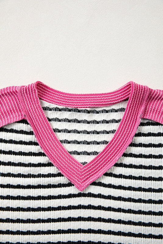 DLLS424 - Ladies Black Stripe Textured Knit Twisted Rib Contrast Patchwork V Neck Long Sleeve Top