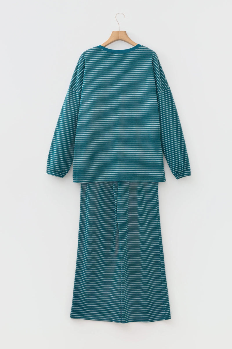 Load image into Gallery viewer, DLLS1085 - Ladies Green Stripe Long Sleeve Top Elastic Waist Pants Casual 2pcs Set
