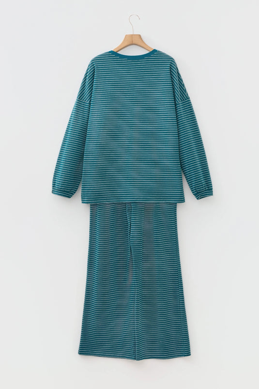 DLLS1085 - Ladies Green Stripe Long Sleeve Top Elastic Waist Pants Casual 2pcs Set