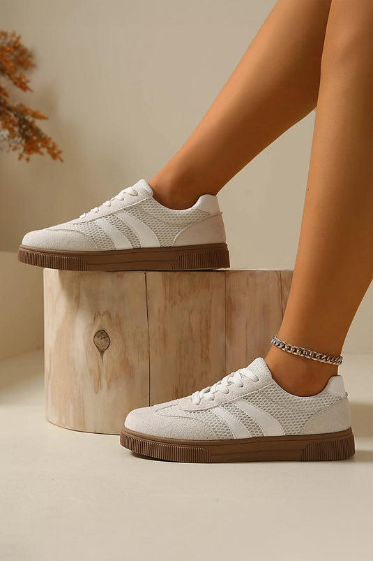DLLSHOE 92 - White Breathable Mesh Patchwork Lace Up Flat Shoes