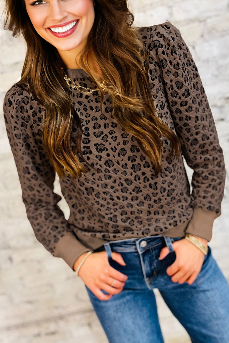 Load image into Gallery viewer, DLLS123 - Ladies Brown Ribbed Trim Leopard Print Long Sleeve Top
