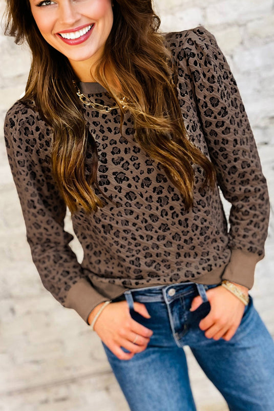 DLLS123 - Ladies Brown Ribbed Trim Leopard Print Long Sleeve Top