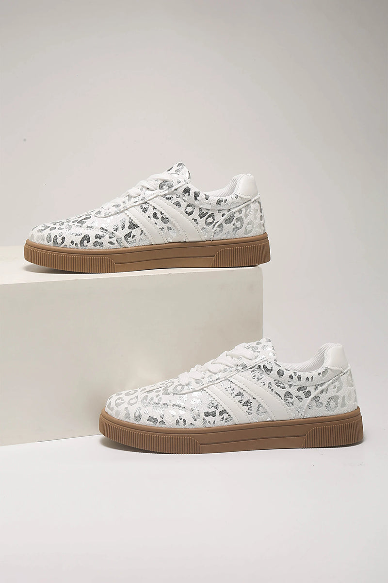 Load image into Gallery viewer, DLLSHOE 95 - Silvery Metallic Leopard Print Lace Up Flat Shoes
