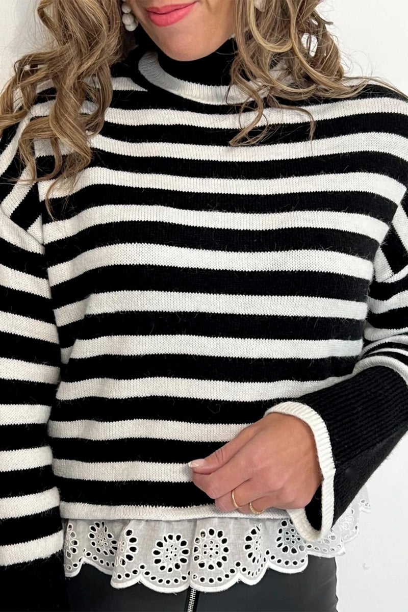 Load image into Gallery viewer, DLLS1077 - Ladies Black Striped High Neck Contrast Ruffle Detail Casual Sweater
