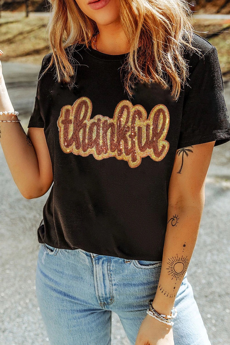 Load image into Gallery viewer, DLLS989 - Ladies Black Sequined Thankful Round Neck Graphic Tee
