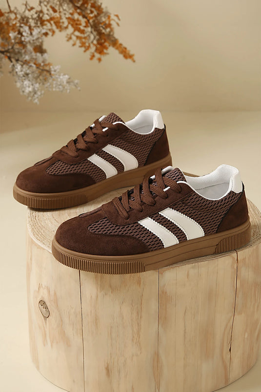 DLLSHOE 89 - Brown Breathable Mesh Patchwork Lace Up Flat Shoes