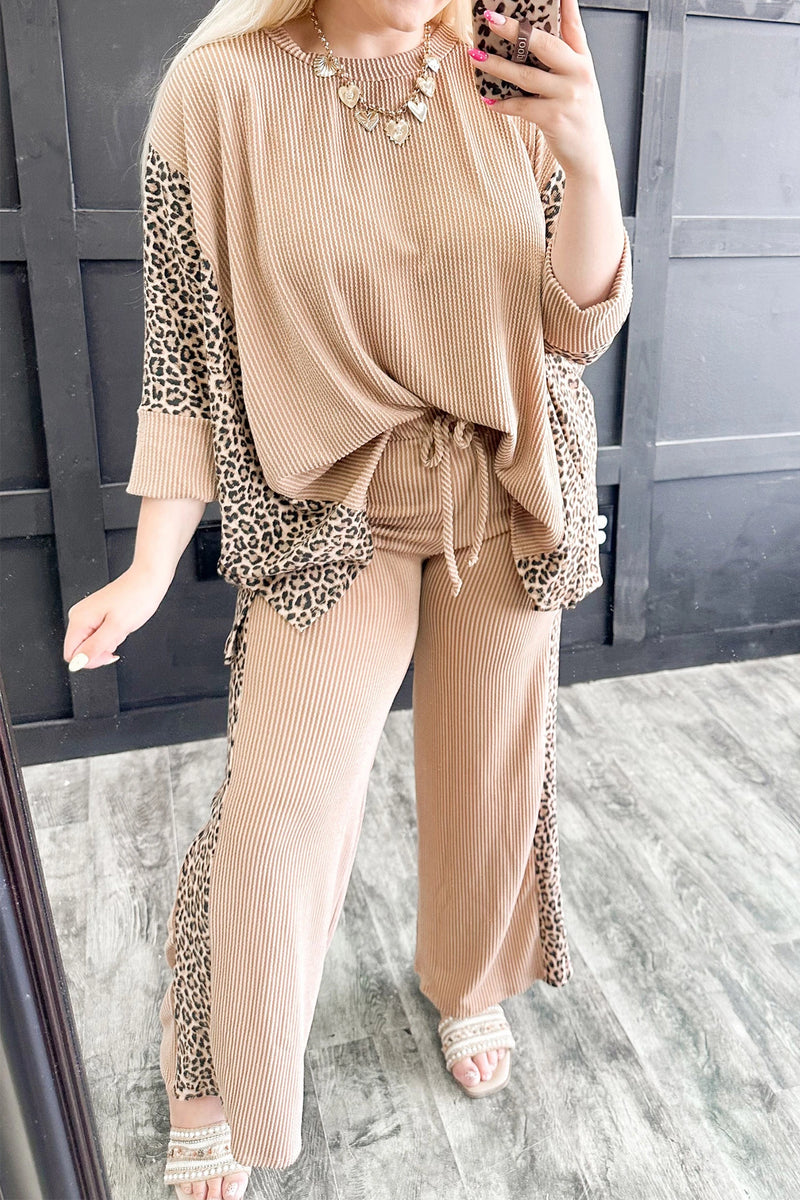 Load image into Gallery viewer, DLLS970 - Ladies Leopard Print Twisted Ribbed Long Sleeve Top Loose Pant Set
