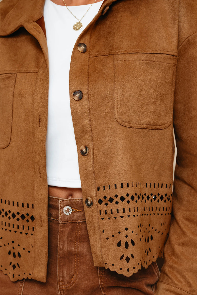 Load image into Gallery viewer, DLLS754 - Ladies Thai Curry Solid Color Faux Suede Hollowed Detail Retro Style Jacket

