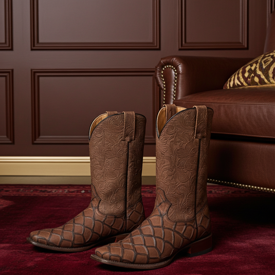 CP1709 - Cowboy Prayer Chocolate Pirarucu Print Cowboy Boots