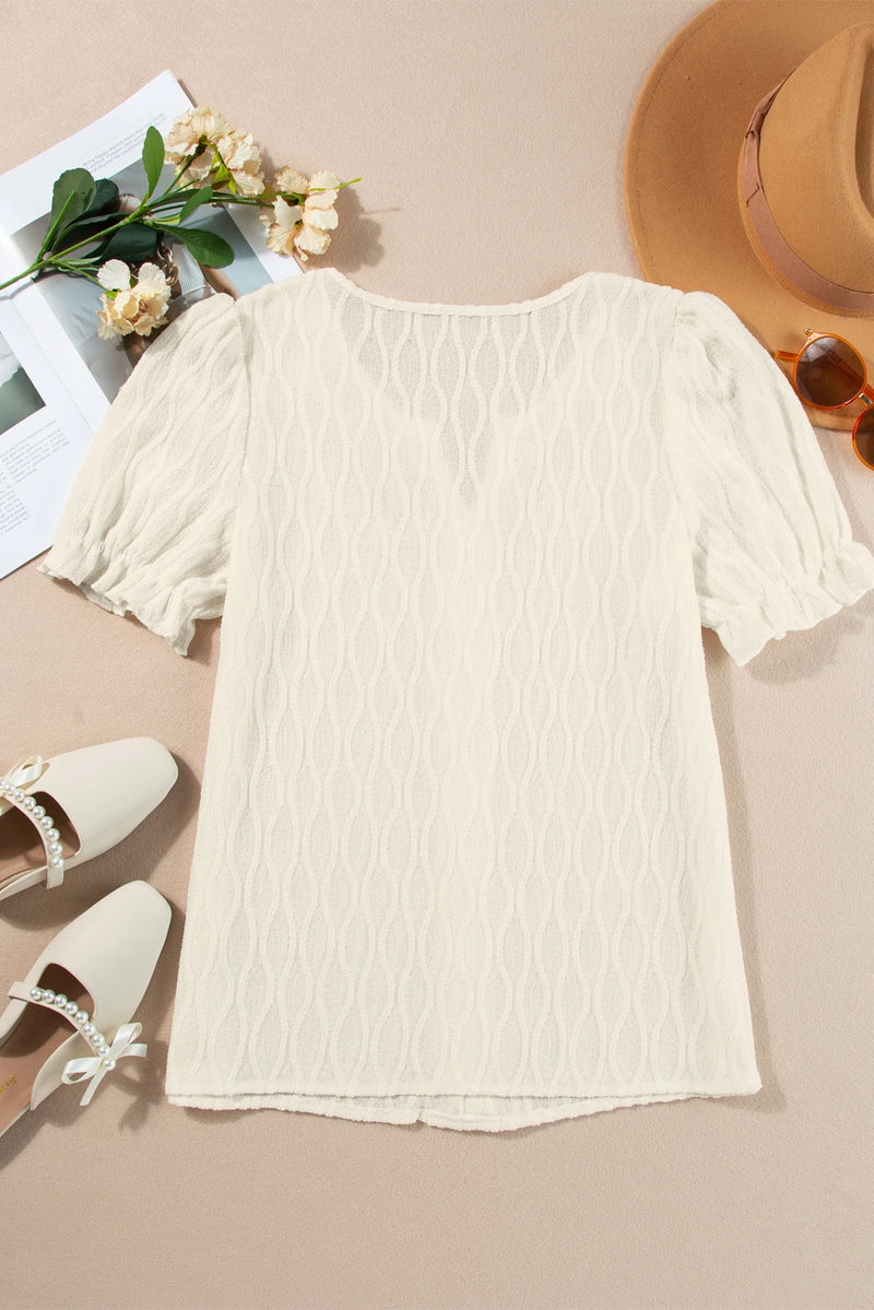 Load image into Gallery viewer, DLLS335 - Ladies White Solid Color Textured Notched Neck Puff Sleeve Blouse

