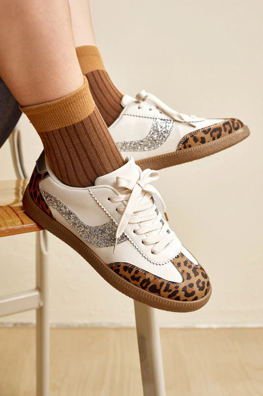 DLLSHOE 166 - Cinnamon Leopard Print Sequin Detail PU Leather Lace-Up Casual Sneakers