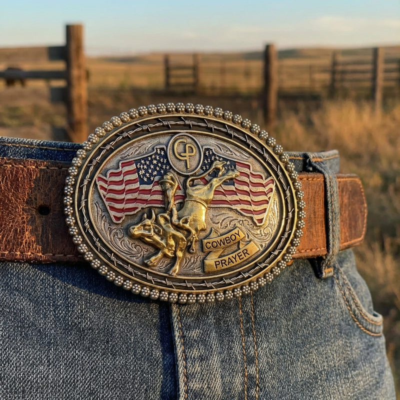 Load image into Gallery viewer, CPB101 - Cowboy Prayer Antique Silver/Gold Bull Rider Buckle
