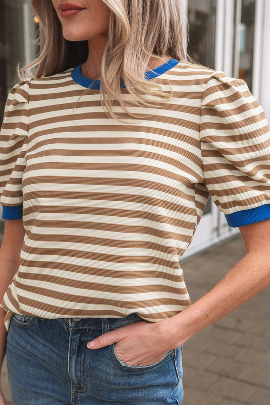 DLLS416 - Ladies Brown Stripe Short Puff Sleeve Contrast Trim Round Neck Tee