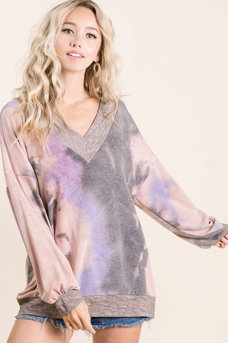 Load image into Gallery viewer, BIBI1- Ladies Tie Dye French Terry V Neck Top With Contrast Band
