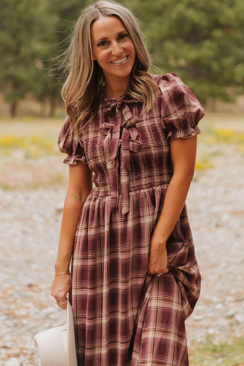 Load image into Gallery viewer, DLLS666 - Ladies Red Vintage Plaid Midi Dress with Puff Sleeves and Tie Neckline for Daily Wear
