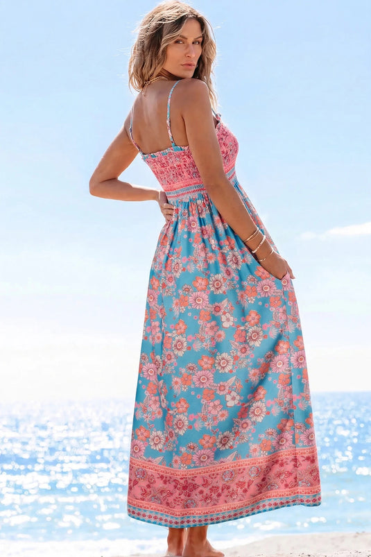 DLLS608 - Ladies Sky Blue Bohemian Ethnic Print Spaghetti Straps Vacation Maxi Dress