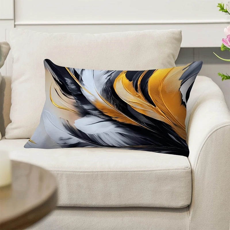 Load image into Gallery viewer, TMPL93 - 1 Piece - 12&quot; x 20&quot; Gold &amp; Black Feather Printed Throw Pillow

