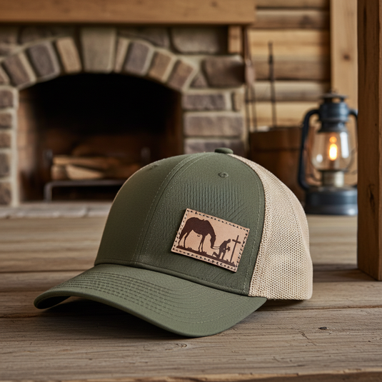 CP118 - Cowboy Prayer Leather Patch Moss/Khaki Cap
