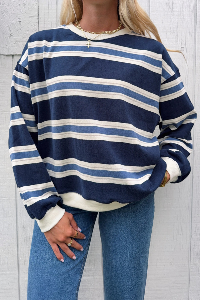 Load image into Gallery viewer, DLLS968 - Ladies Blue Stripe Ribbed Color Block Trim Round Neck Dropped Shoulder Sweatshirt
