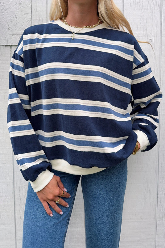 DLLS968 - Ladies Blue Stripe Ribbed Color Block Trim Round Neck Dropped Shoulder Sweatshirt