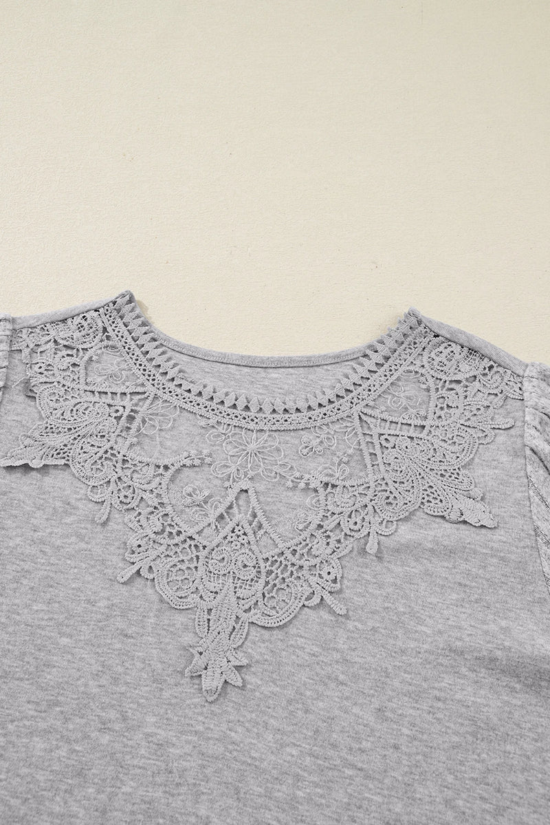 Load image into Gallery viewer, DLLS192 - Ladies Gray Hollowed Lace Ribbed Knit Long Sleeve Patchwork Top
