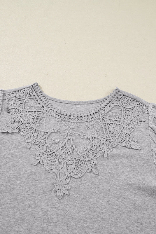 DLLS192 - Ladies Gray Hollowed Lace Ribbed Knit Long Sleeve Patchwork Top