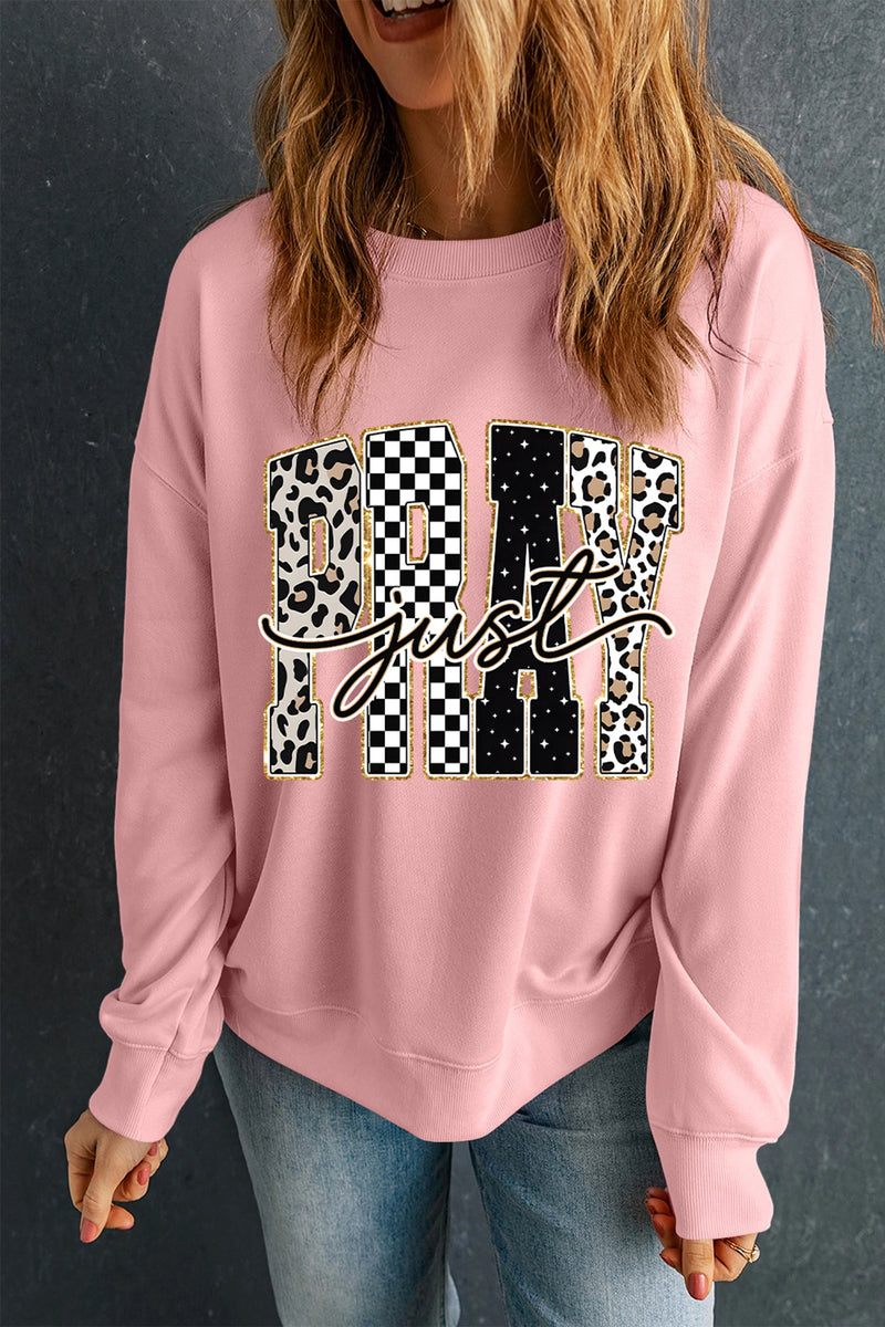 Load image into Gallery viewer, DLLS999 - Ladies Pink Just PRAY Unique Letter Graphic Round Neck Pullover Sweatshirt
