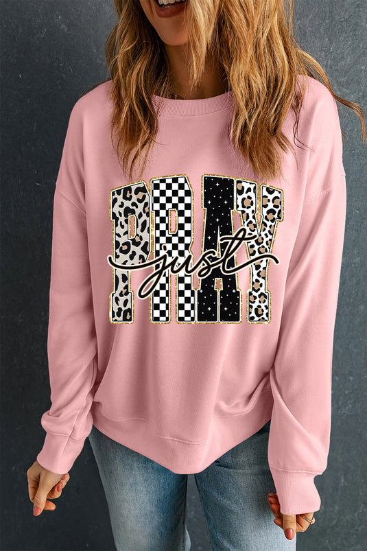 DLLS999 - Ladies Pink Just PRAY Unique Letter Graphic Round Neck Pullover Sweatshirt