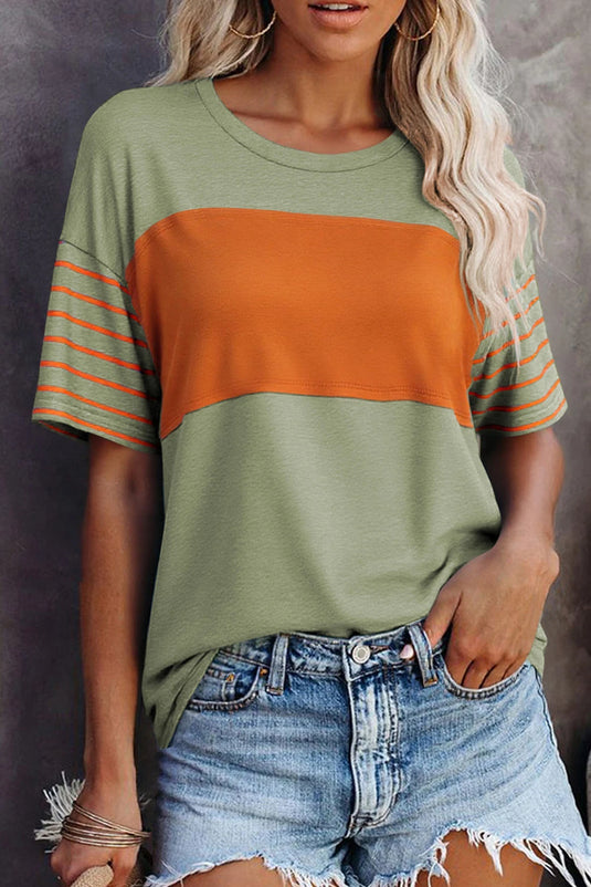 DLLS542 - Ladies Laurel Green Color Block Striped Detail Loose T Shirt