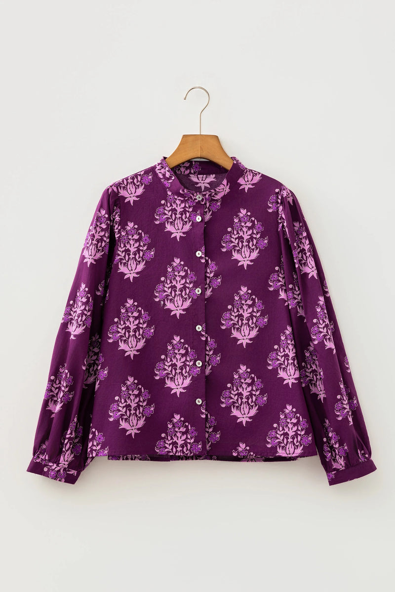 Load image into Gallery viewer, DLLS765 - Ladies Purple Floral Print Button Front Long Puff Sleeve Shirt
