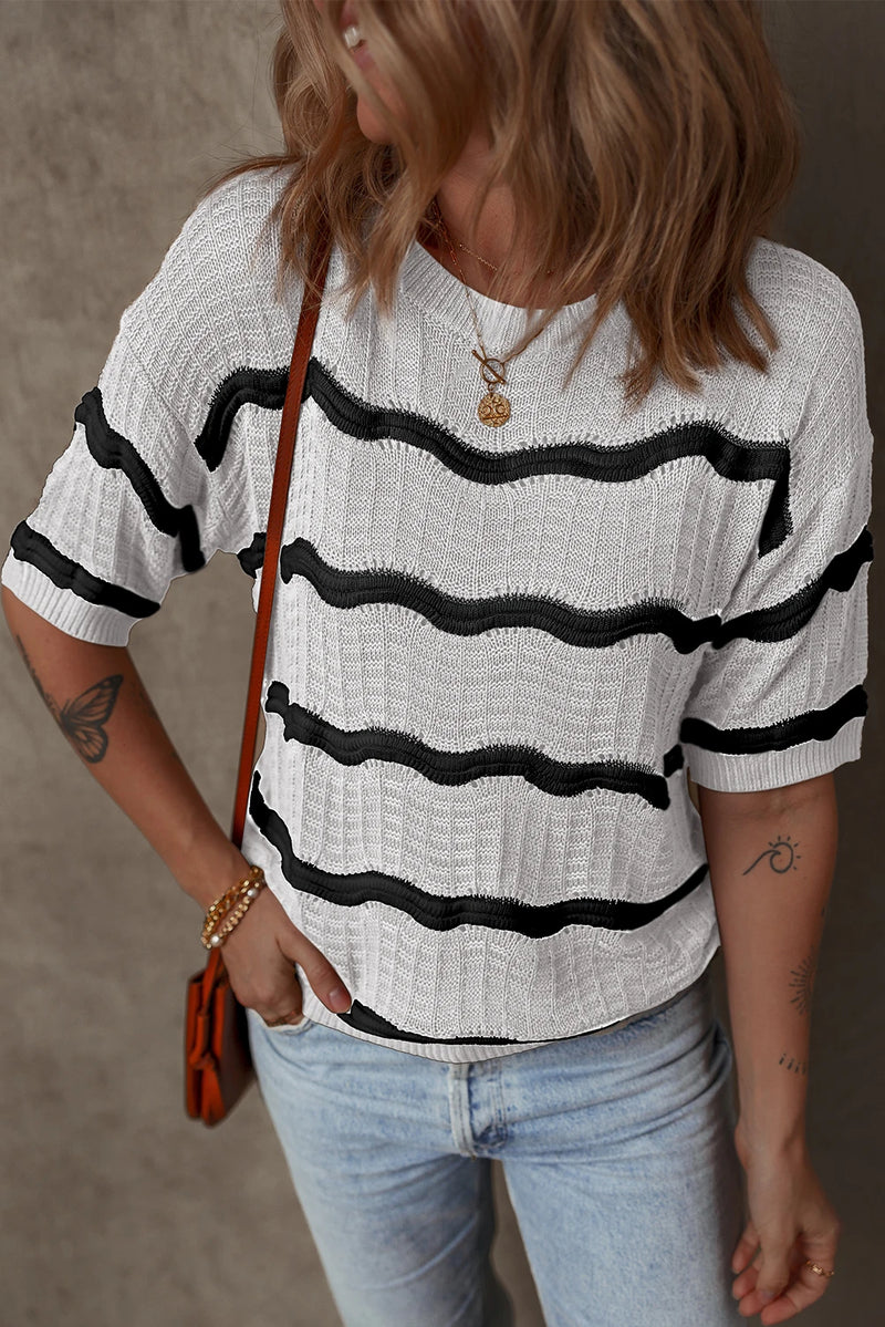 Load image into Gallery viewer, DLLS528 - Ladies White Stripe Wavy Textured Knit Half Sleeve Loose Sweater
